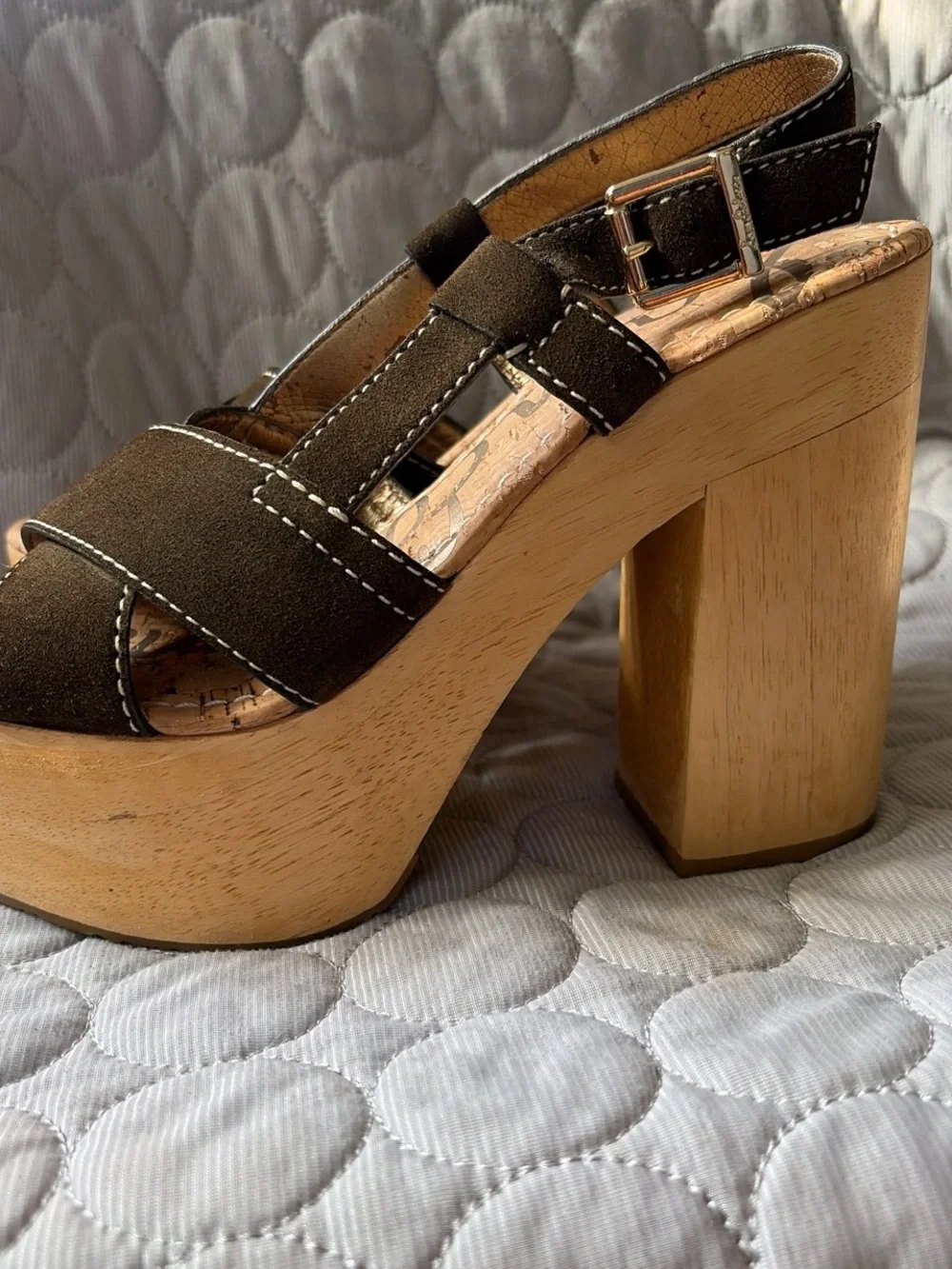 Sam Edelman Olive Green Suede Platform Sandals with Wood-Look Heel